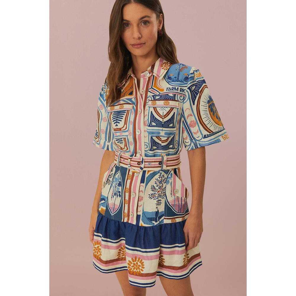 NWT FARM RIO Cream Cerrado Stamps Short Sleeve Mini Dress